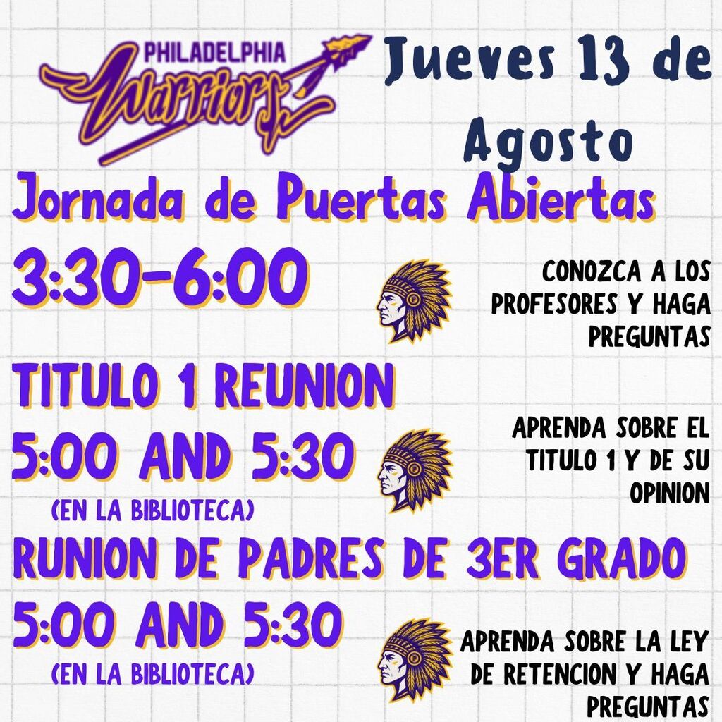 A poster with "Philadelphia Warrior" logo and events for Thursday, August 13th, including a 3:30-6:00 PM open house and two 5:00-5:30 PM meetings.