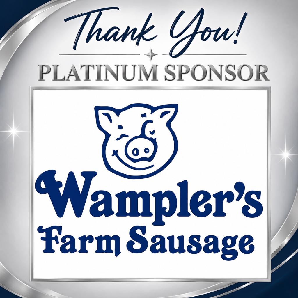 A blue and white badge with a pig and "Wampler's Farm Sausage" text. Above it says "Thank You!" and "PLATINUM SPONSOR."