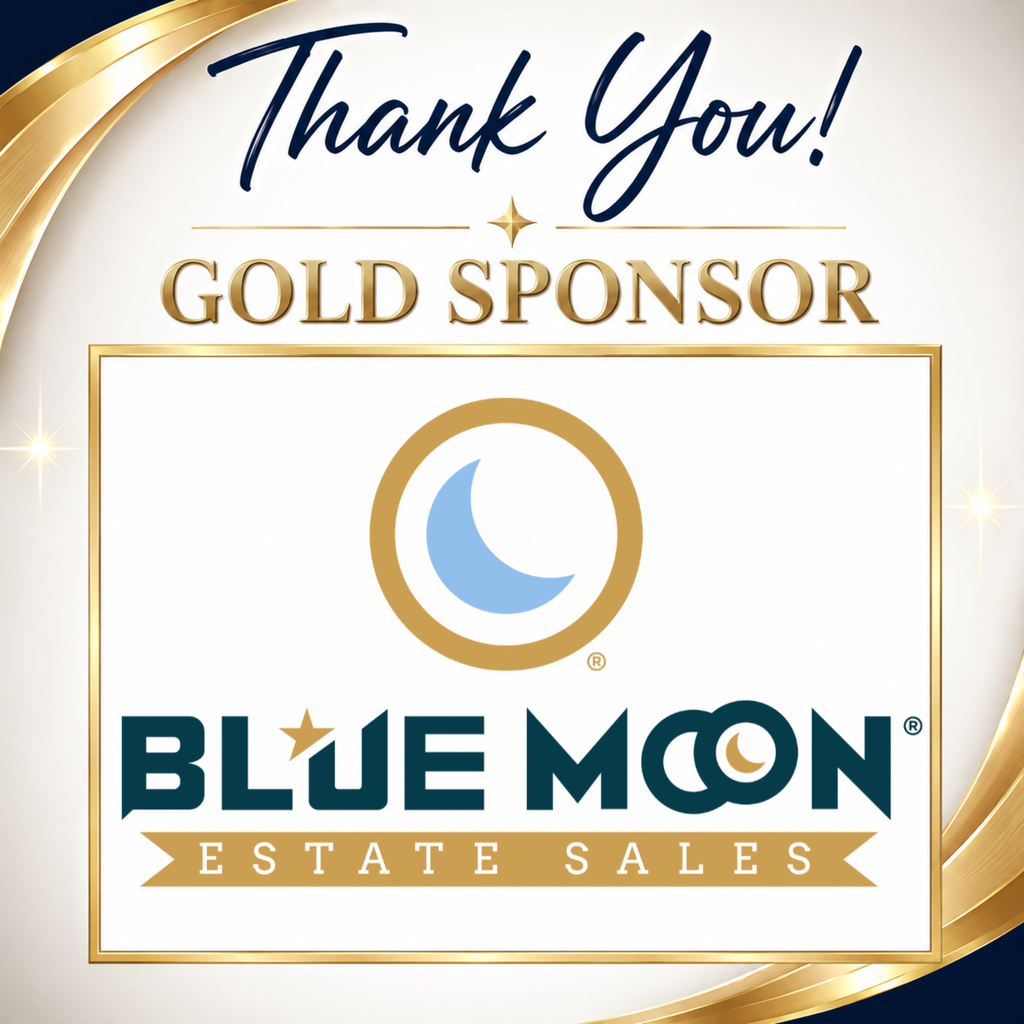 A white background displays a logo. The logo says "Blue Moon Estate Sales" and features a moon.