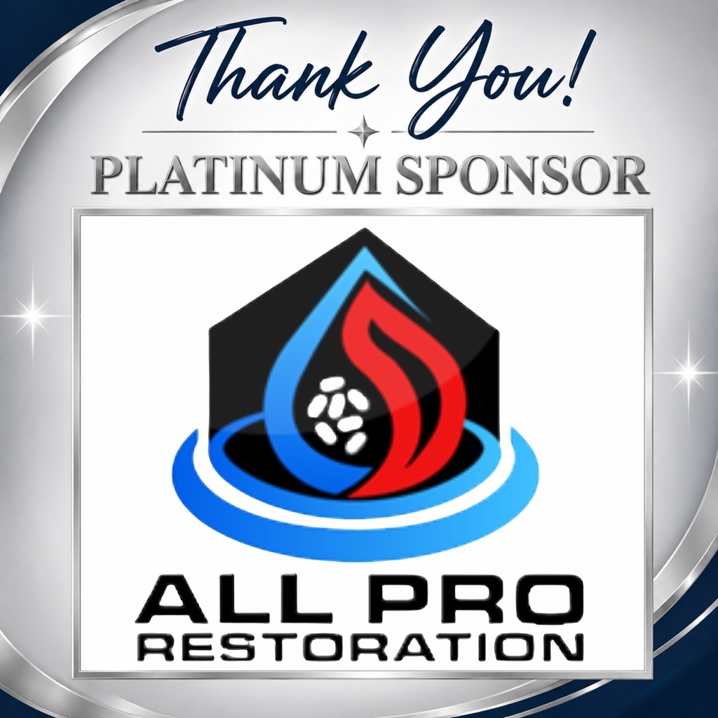 A white background displays a logo. It reads "Thank You! PLATINUM SPONSOR". Below that, a house logo with water, fire, and a soccer ball is shown. Below that, the text reads "ALL PRO RESTORATION".