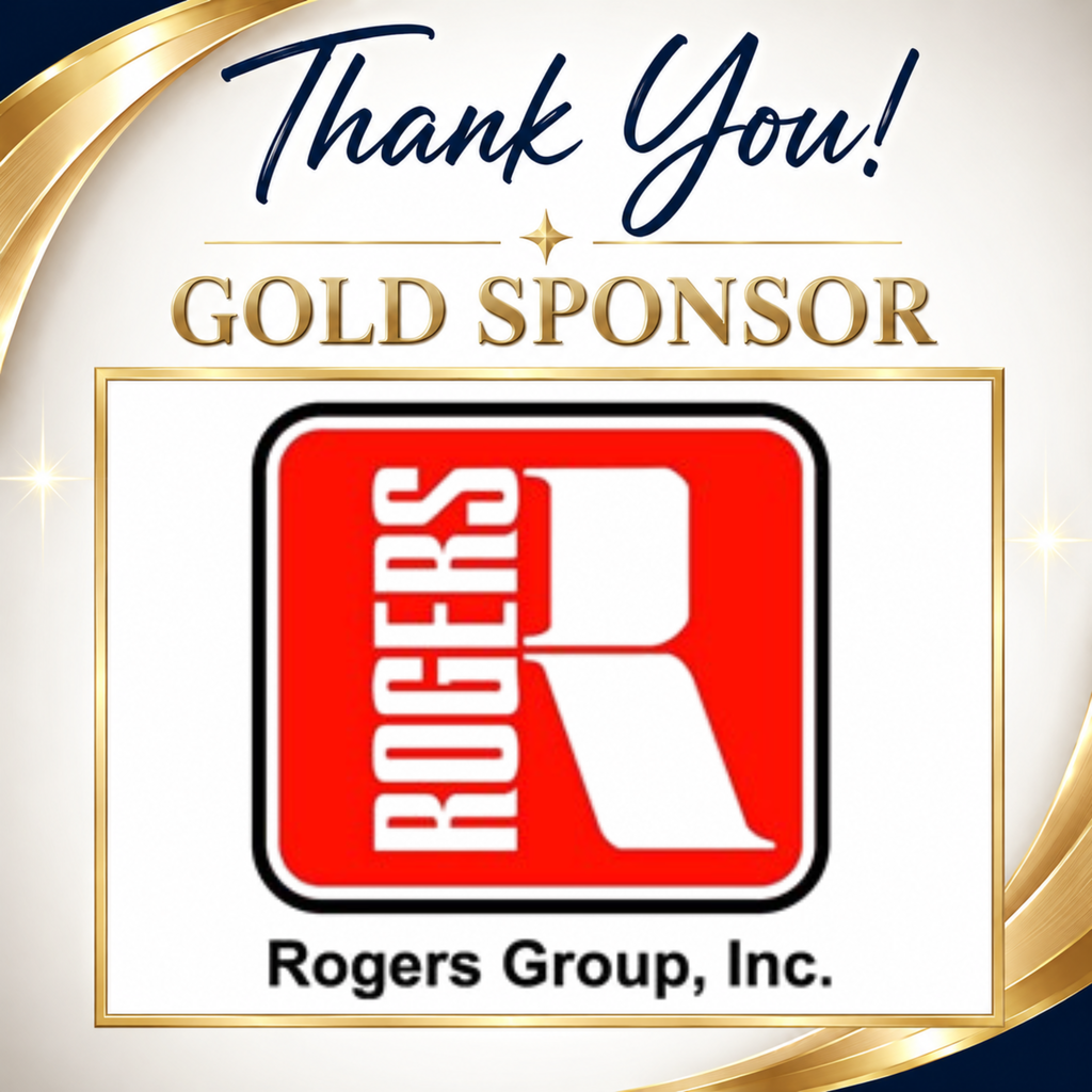 A gold-framed sign features a red and white logo with "Rogers" and "Rogers Group, Inc." text. Above it, "Thank You! GOLD SPONSOR" is displayed.