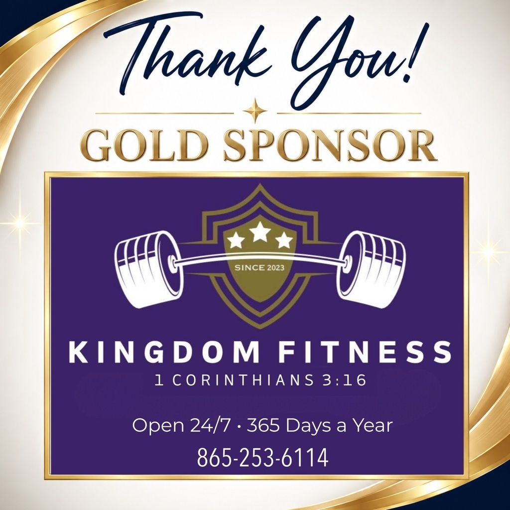 A poster for Kingdom Fitness with a gold shield logo and a barbell icon, promoting 24/7 access. Contact number 865-253-6114 is shown at the bottom.
