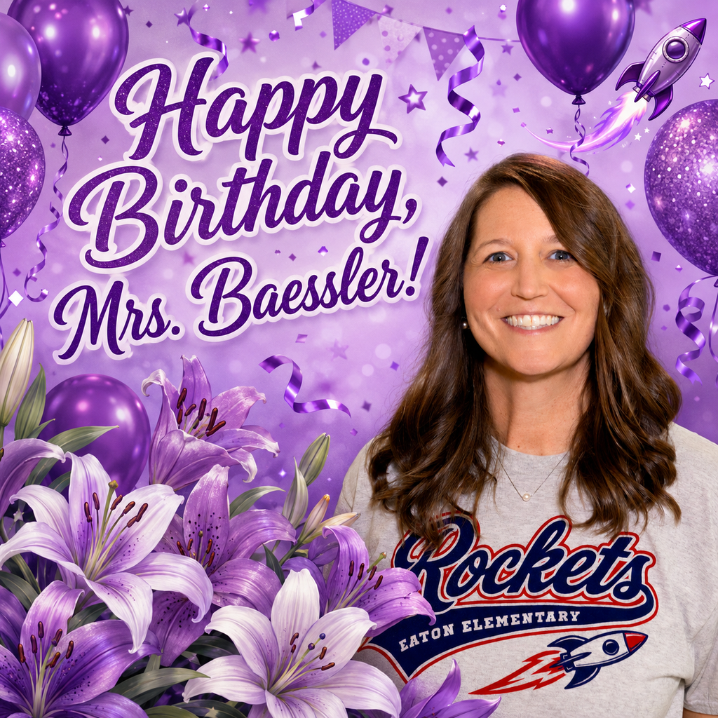 A woman smiles in front of a purple background with balloons, flowers, and text reading "Happy Birthday, Mrs. Baessler."