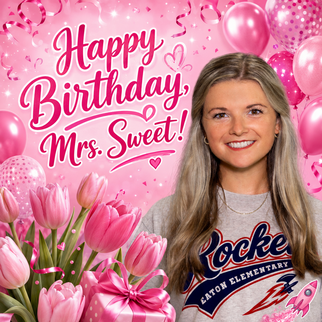 A smiling woman with long blonde hair and a gray shirt poses against a pink background. Pink tulips and balloons surround her.