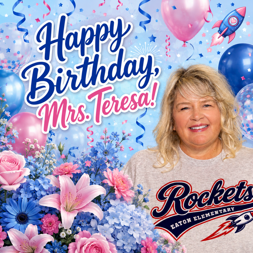 A smiling woman stands among balloons and flowers, text "Happy Birthday, Mrs. Teresa!" and a "Rockets" logo.