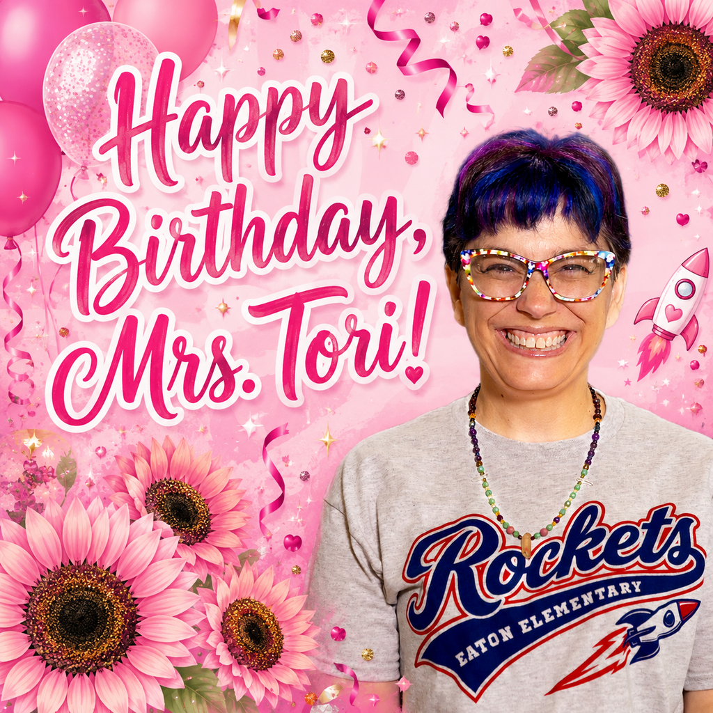A smiling woman with blue hair wears a Rockets tee. Balloons, flowers, and a rocket add to a pink birthday background.