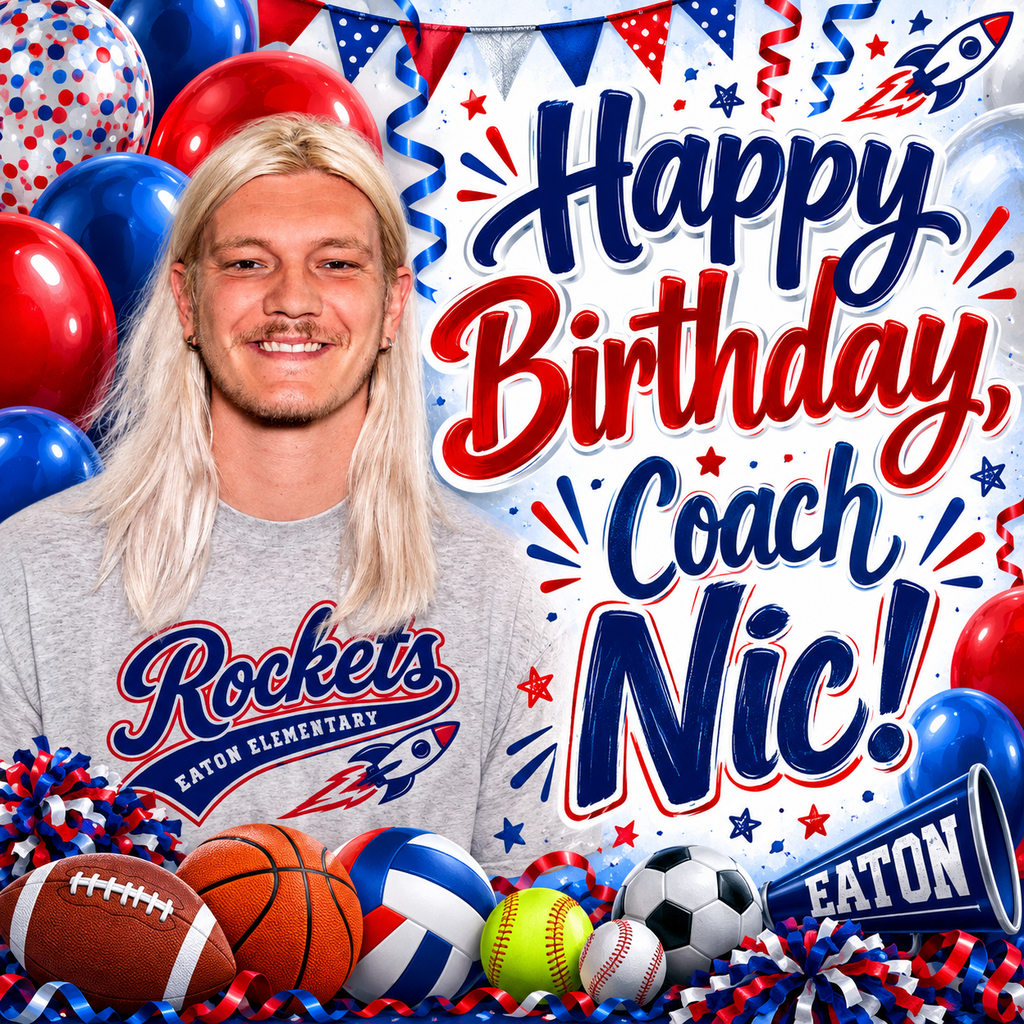 A person in a gray Rockets shirt stands smiling with sports balls and balloons. Text reads "Happy Birthday Coach Nic!"