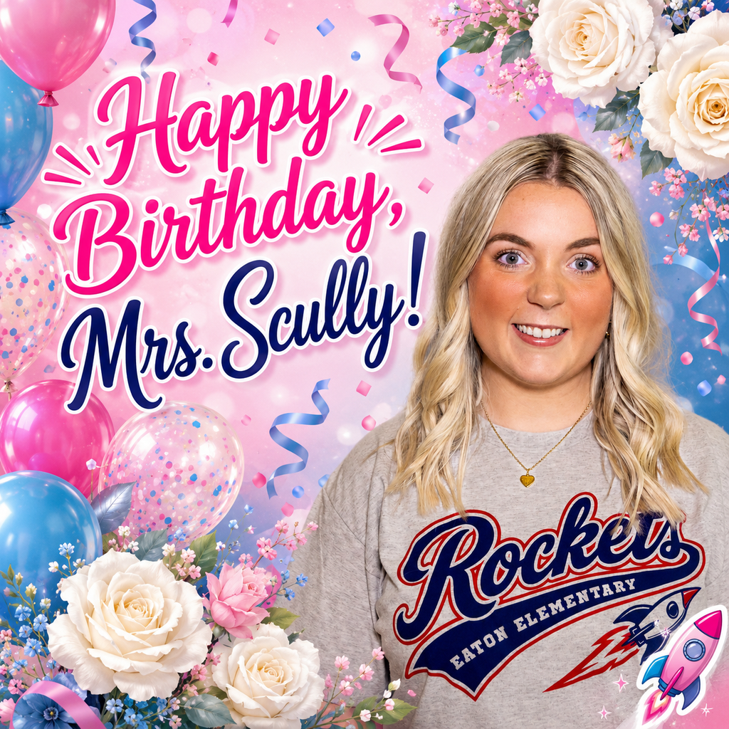 A woman in a gray shirt stands in front of balloons, flowers, and a "Happy Birthday, Mrs. Scully!" sign.