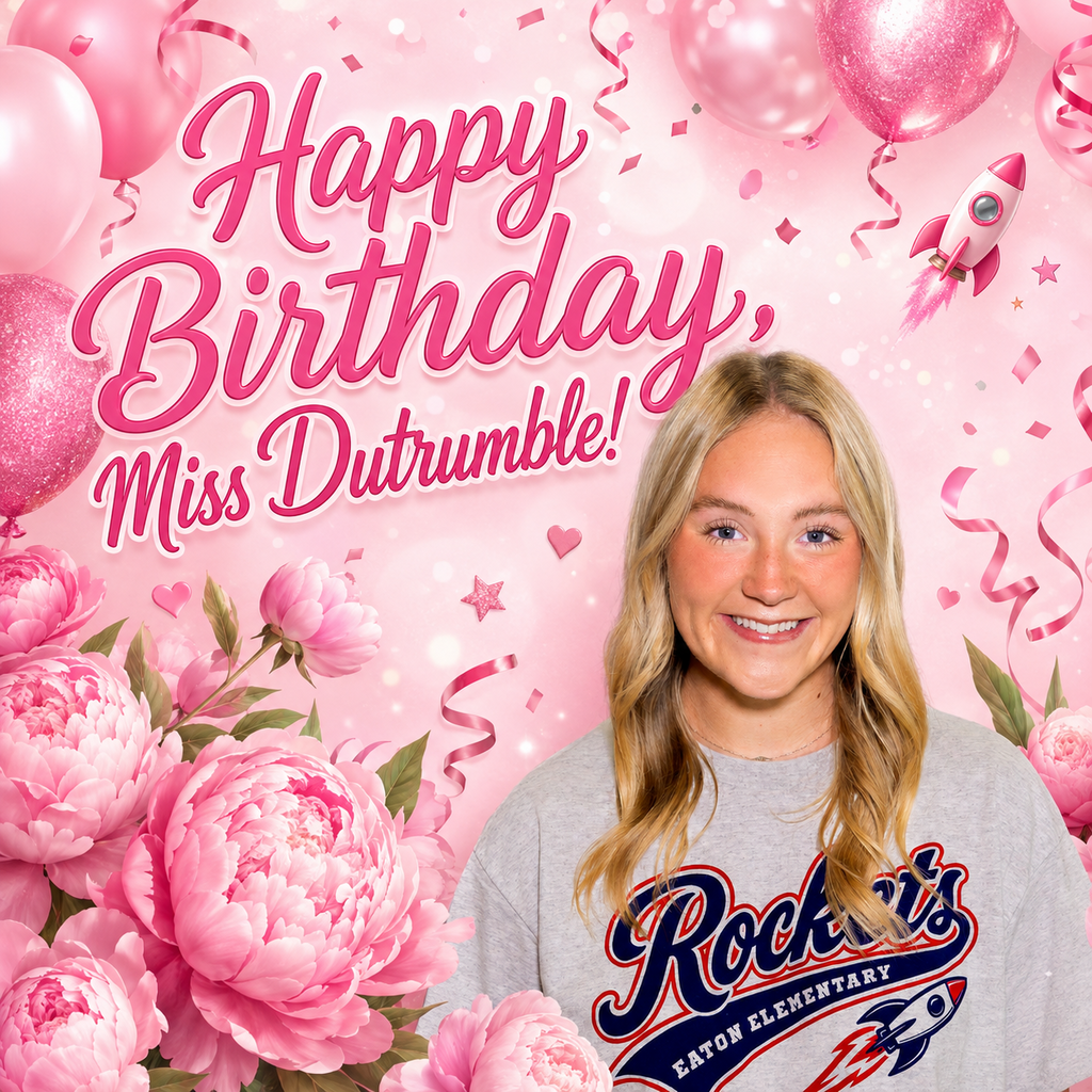 A smiling woman with blonde hair stands before a pink floral and balloon backdrop. The words "Happy Birthday Miss Dutrumble!" are displayed.