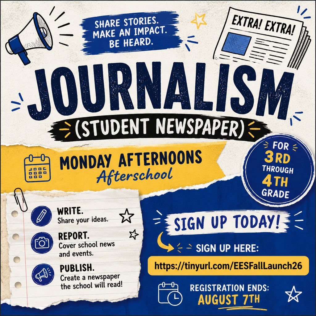Bulletin board with blue, yellow, and white colors. Text reads "Journalism (Student Newspaper)" with "Share stories, make an impact. Be heard."