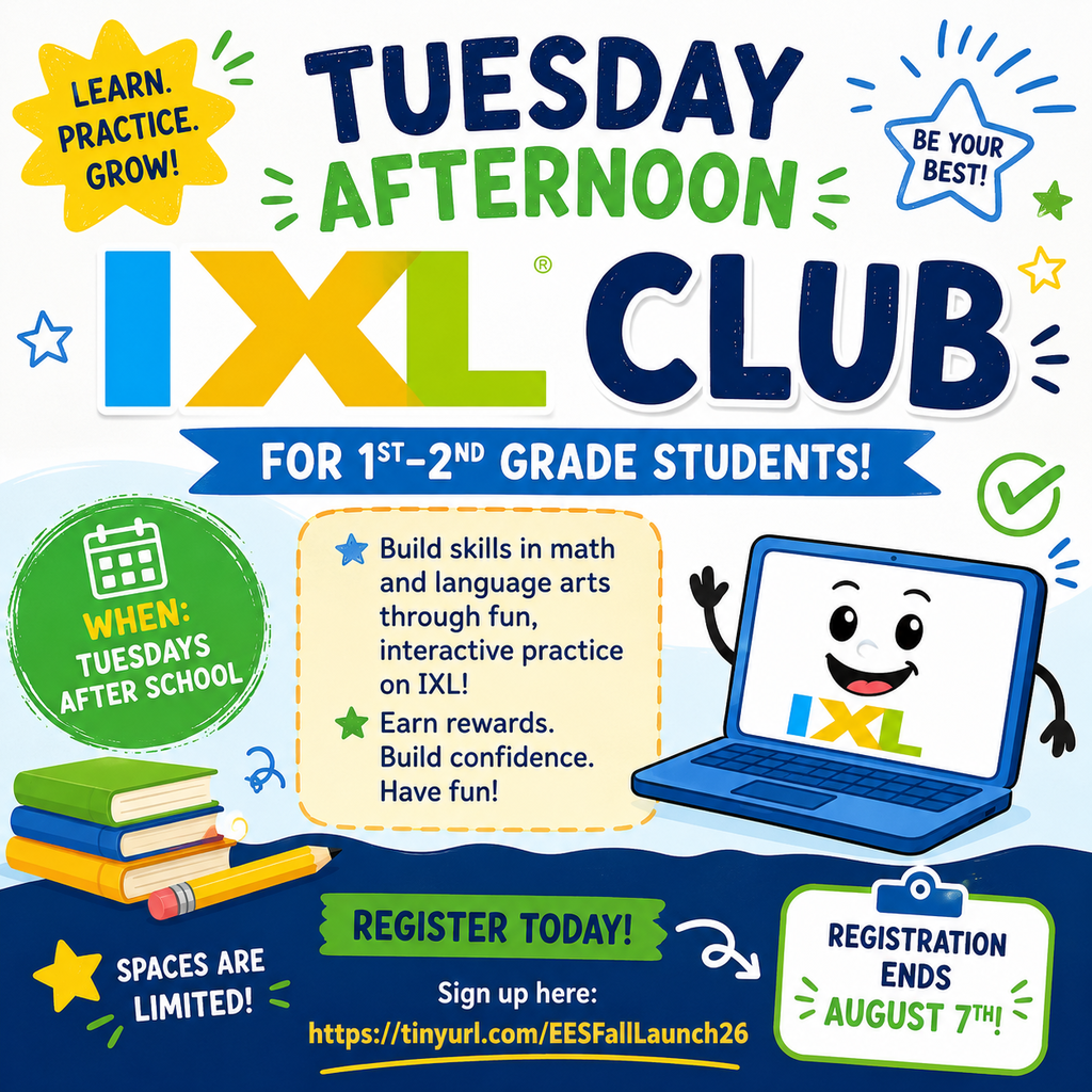 A flyer for the Tuesday Afternoon XL Club featuring a laptop with a smiley face, books, a pencil, and a calendar.