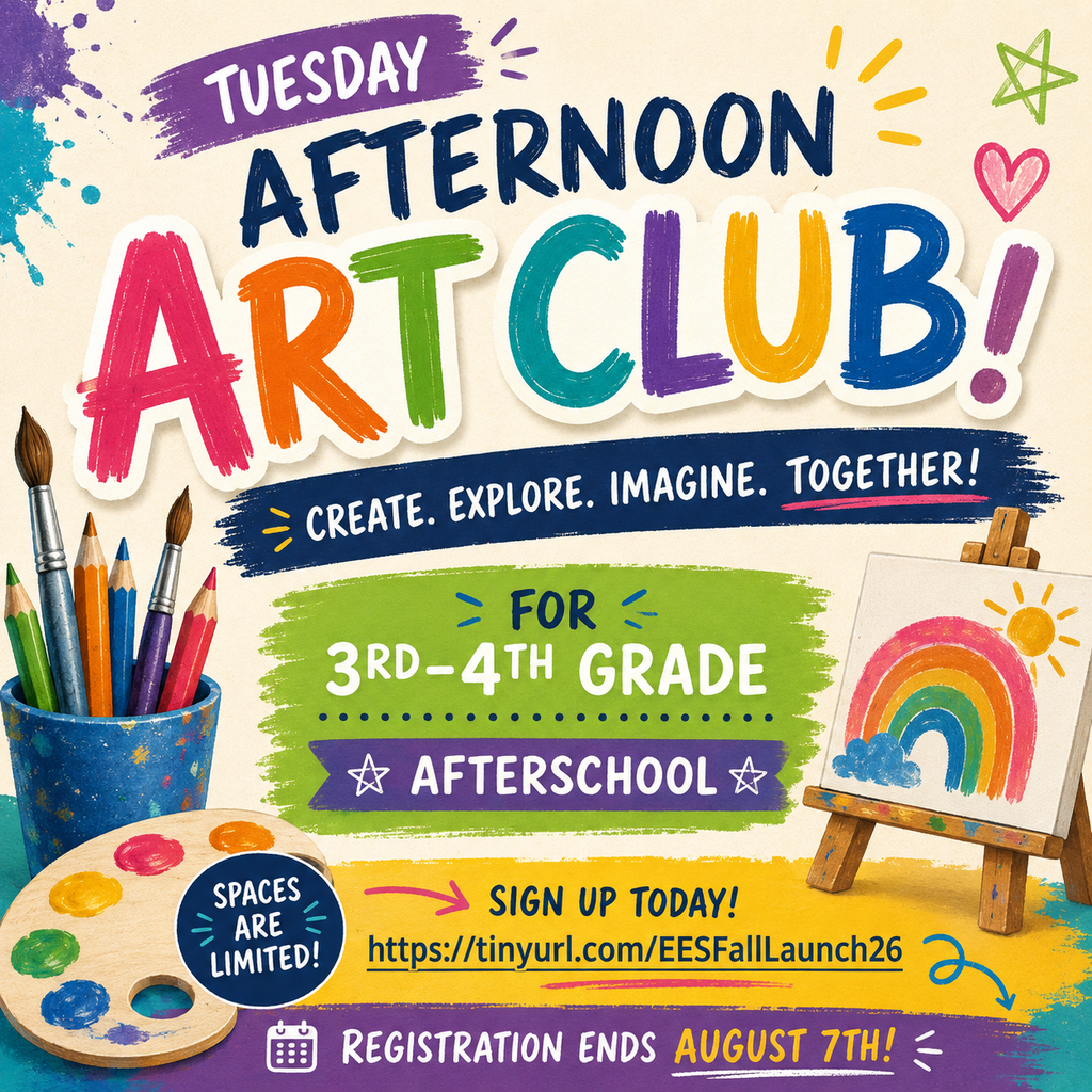 Advertisement for a Tuesday Afternoon Art Club for 3rd-4th graders, featuring brushes, pencils, palette, and a rainbow painting.