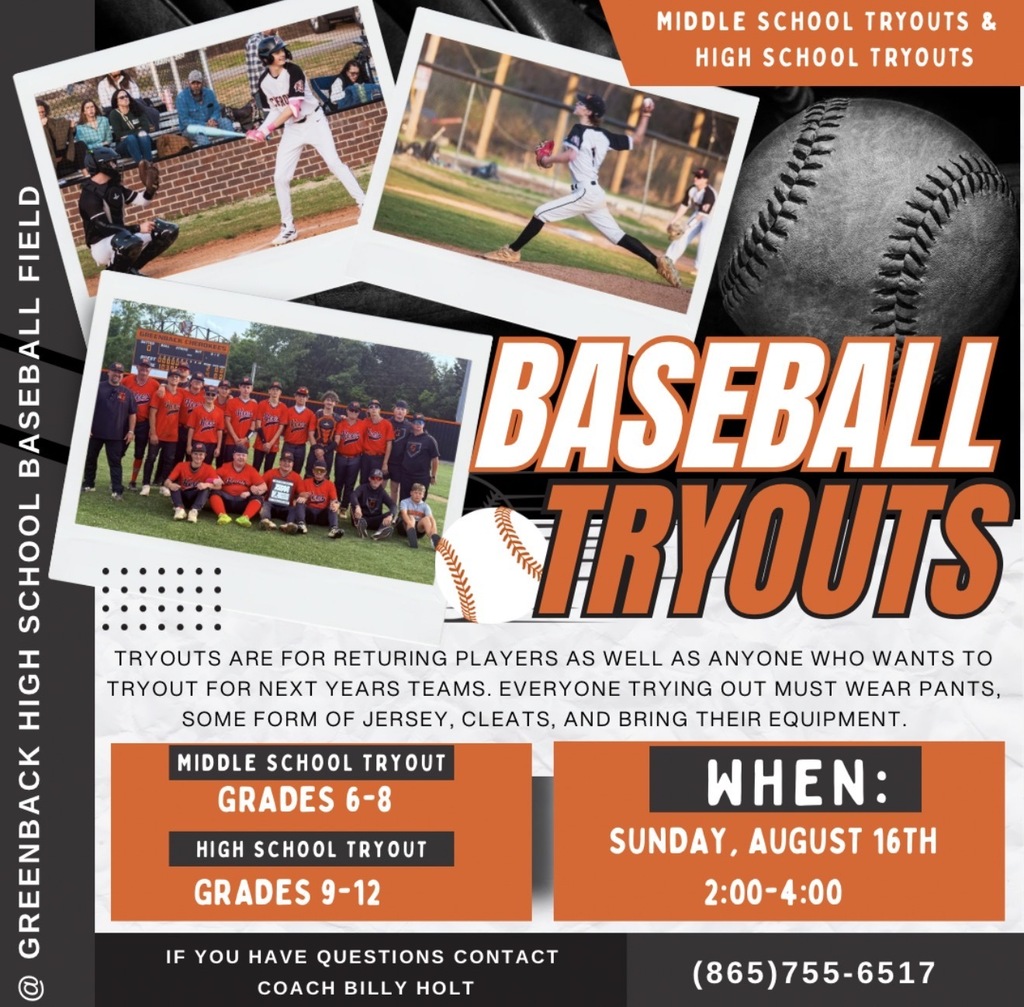 A poster advertises baseball tryouts for middle and high school. It shows pictures of players in action and a baseball.