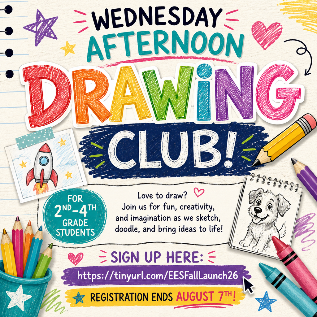 Drawing club poster with colorful pencils, crayons, a rocket, and a dog sketch. For 2nd-4th grade.