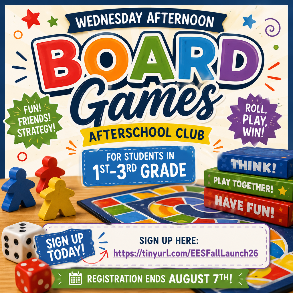 Colorful poster for a Wednesday afternoon board games club. It features dice, game pieces, and books.