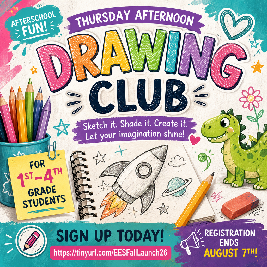 Drawing club for first-fourth grade students. Includes drawings of a rocket, dinosaur, and crayons. Register by August 7.