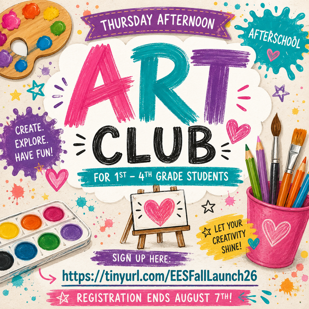 A colorful flyer for an art club on Thursday afternoons. It features a paint palette, brushes, and a cup.