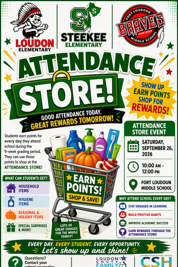 A poster advertises an Attendance Store. A shopping cart holds items. Text highlights rewards for good attendance.