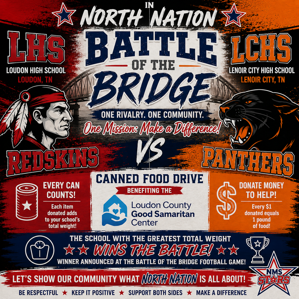 Poster for a food drive competition between two schools, featuring mascots and icons for canned food donations.