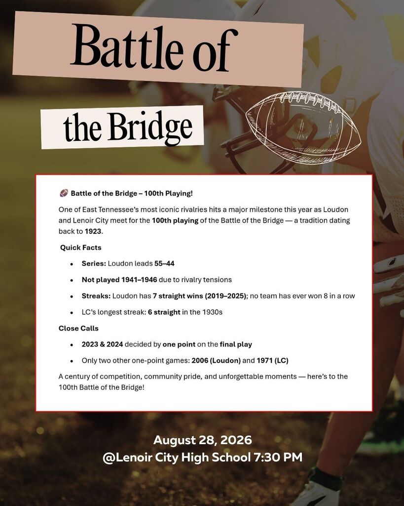 A flyer titled "Battle of the Bridge" includes a football and text about the 100th playing of the game.