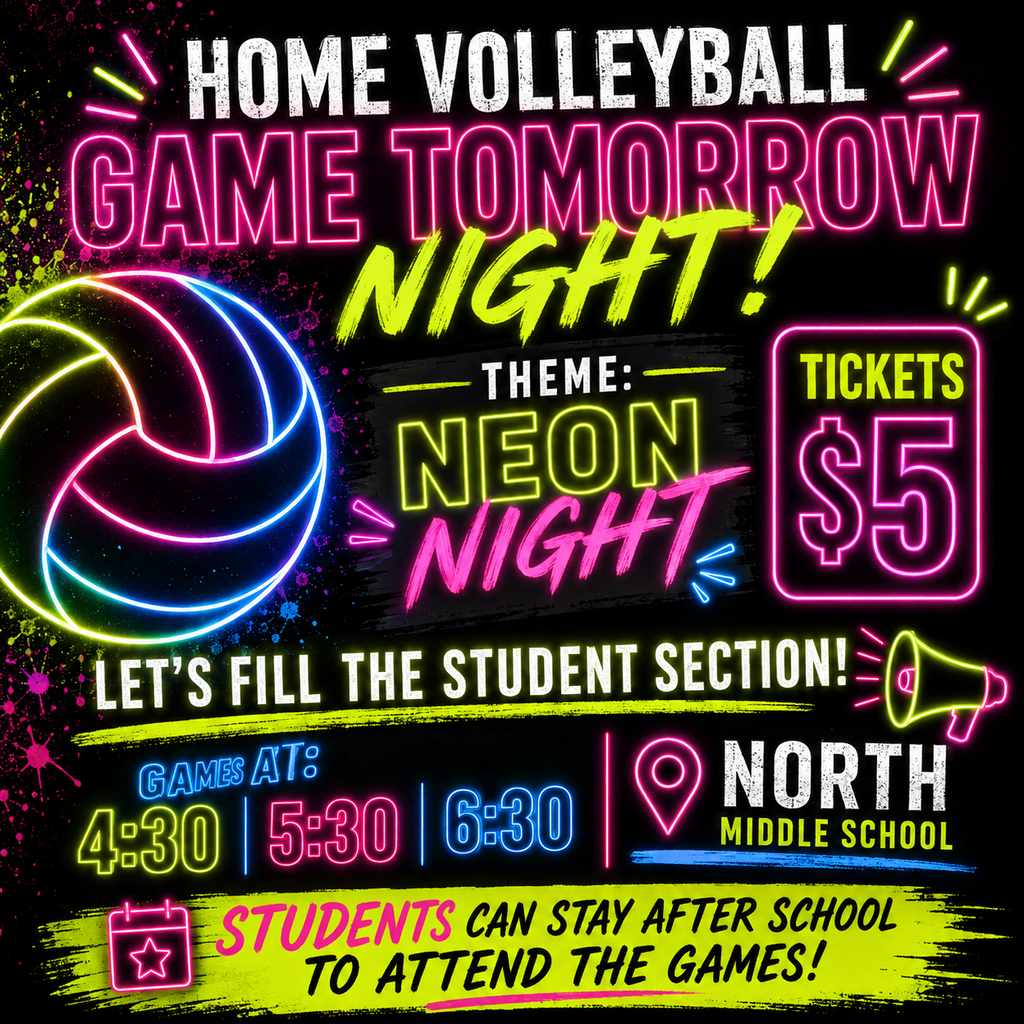 A flyer promoting a volleyball game with a neon theme. It includes ticket price and game times.