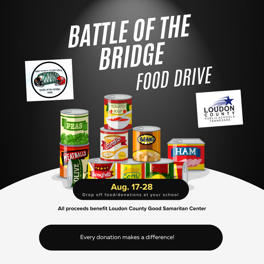 Black background with food drive logo and canned food. Text reads "Battle of the Bridge Food Drive" and "Aug. 17-28".