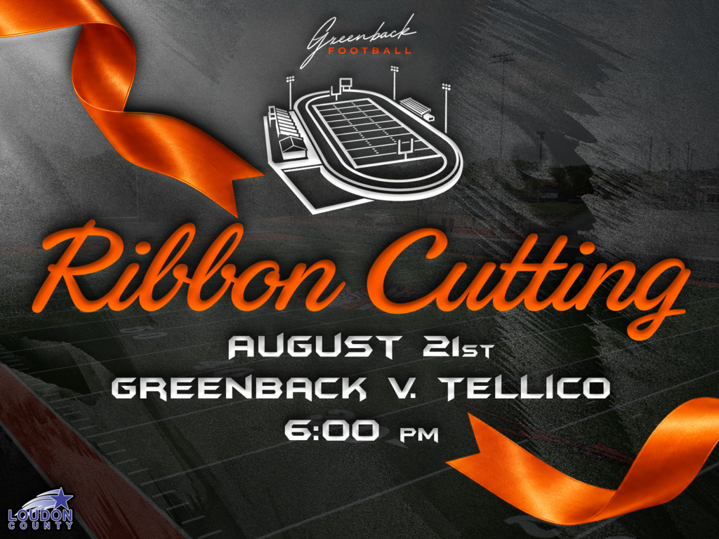 Poster with an orange ribbon border for an event on August 21st. Text reads "Ribbon Cutting" and "Greenback v. Tellico" with a time of 6:00 PM.