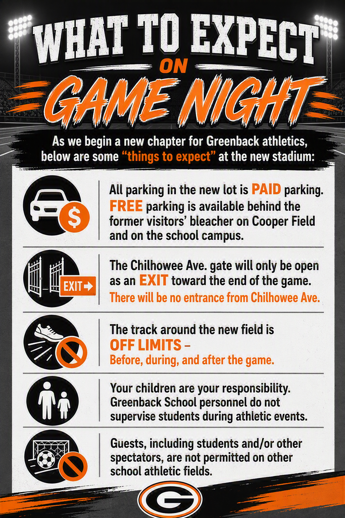 Poster with heading "What To Expect On Game Night" lists details about parking, entrance, and restrictions for a sporting event.