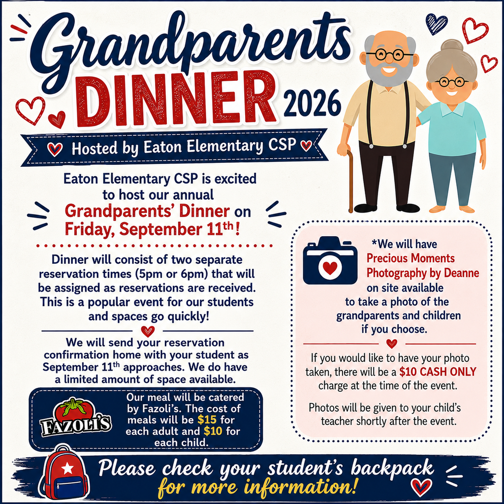 Text reads "Grandparents Dinner 2026, Hosted by Eaton Elementary CSP." Two elderly people are standing with hearts around them.