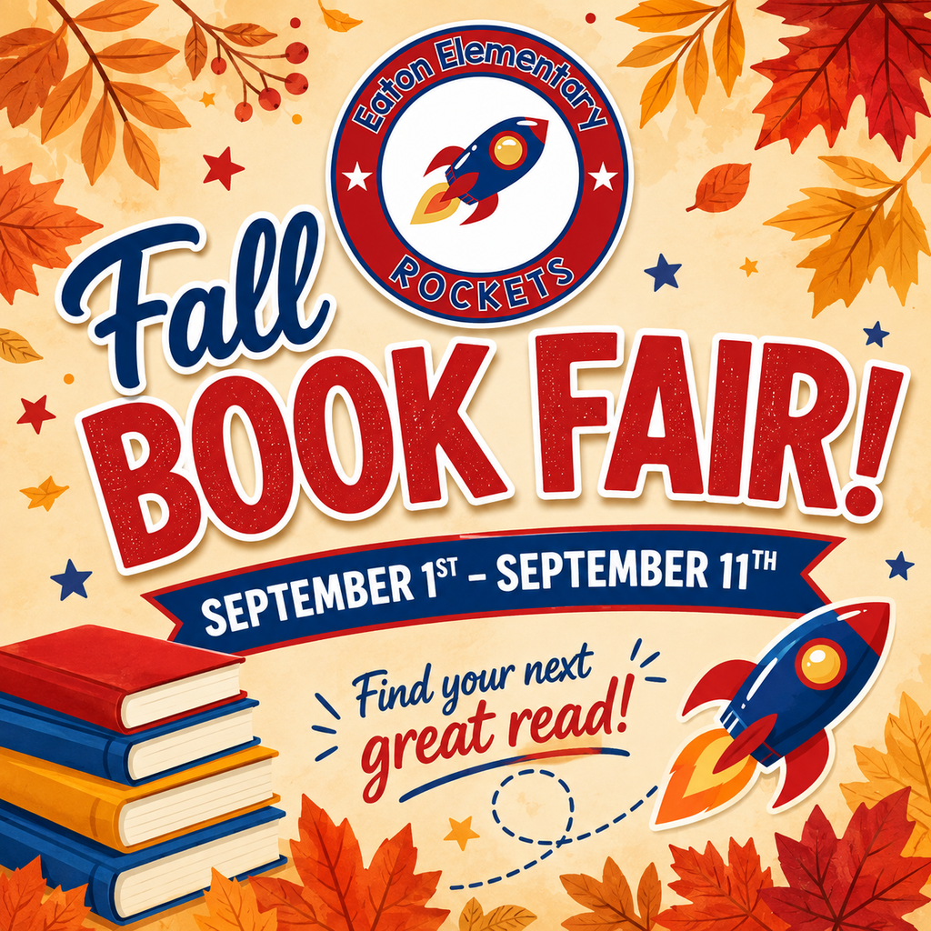Advertisement for the Fall Book Fair with text and a rocket ship graphic. Leaves and books are shown.