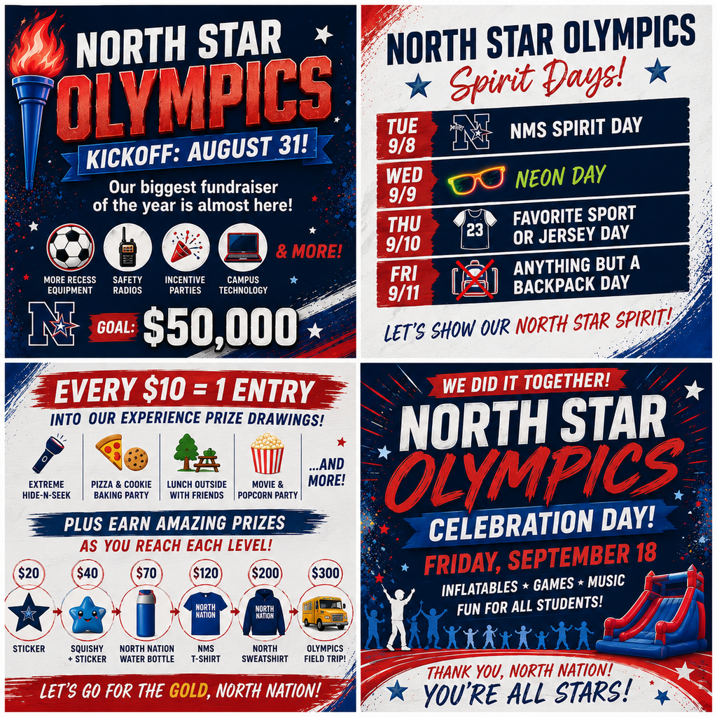Promotional poster with red, blue, and white colors. It features text, symbols, and graphics. Event dates and activities are listed.