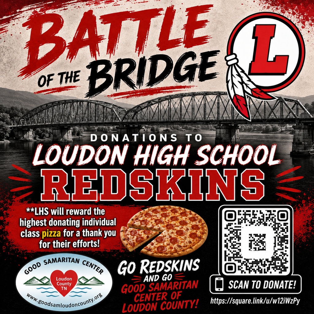 A poster promotes the Battle of the Bridge event with a pizza image and a bridge. Text invites donations to Loudoun High School Redskins.