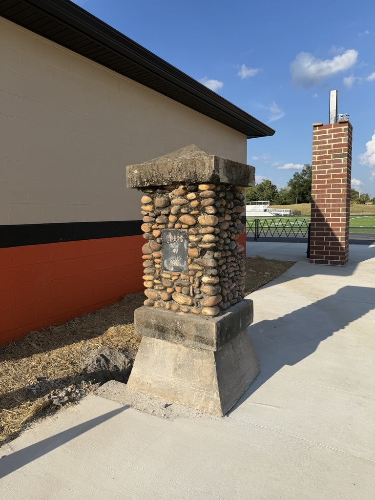 Two columns, one with a rock top, next to a building under a blue sky.