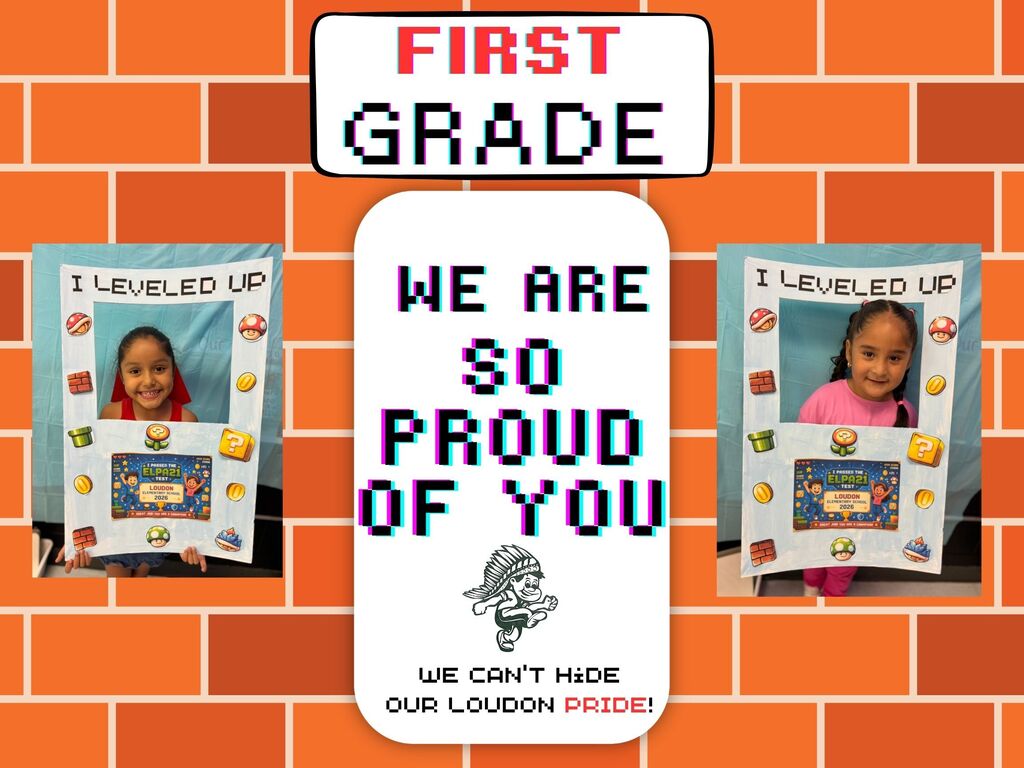 Three signs with photos of children holding signs, "I leveled up", brick wall background, "WE ARE SO PROUD OF YOU" and "First Grade" in white.
