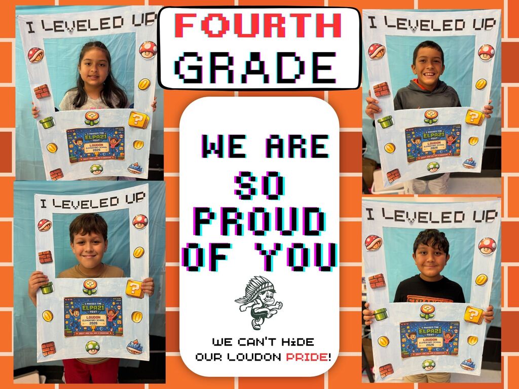 Collage of children holding signs reading "I leveled up" with the central text "We are so proud of you" and a mascot logo.