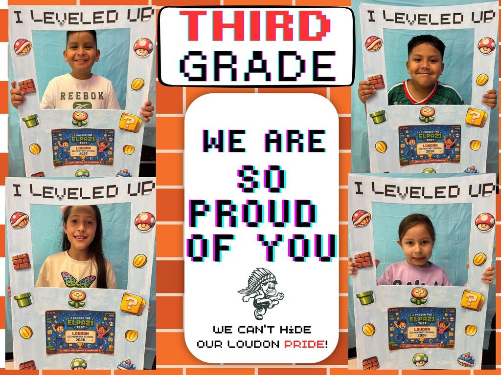Three children pose with photo booths. The top reads "Third Grade" and "We are so proud of you." A mascot logo and slogan appear below.