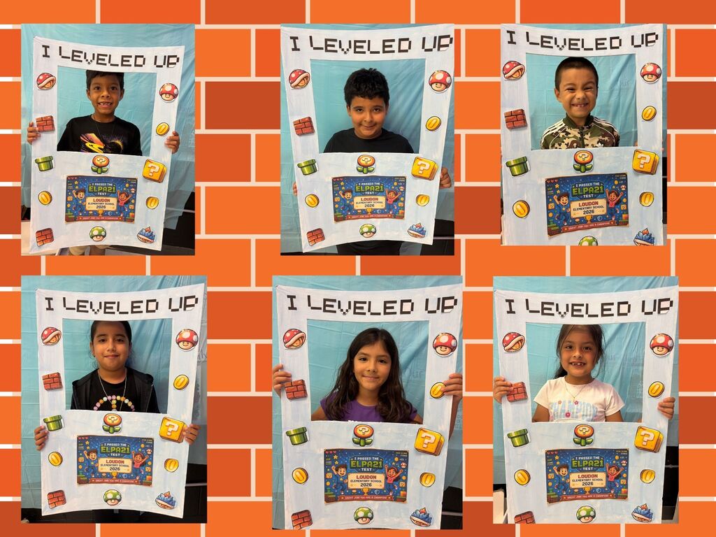 Six kids, three boys and three girls, standing behind photo-style cutouts, each holding a sign that says "I Leveled Up."