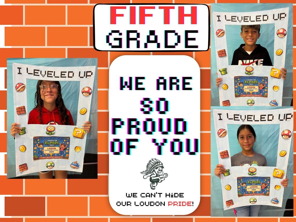 Three children holding signs with "I leveled up" in front of a brick wall. White text reads, "We are so proud of you".