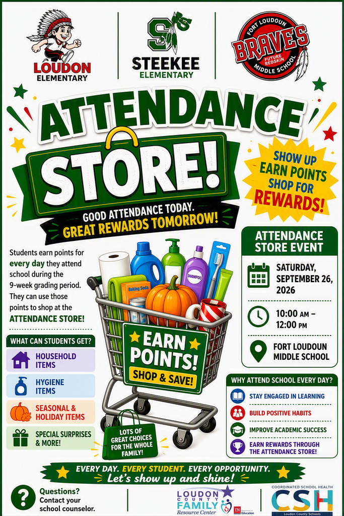 Poster advertising an attendance store. It includes a trolley with various items, icons, dates, and event details.