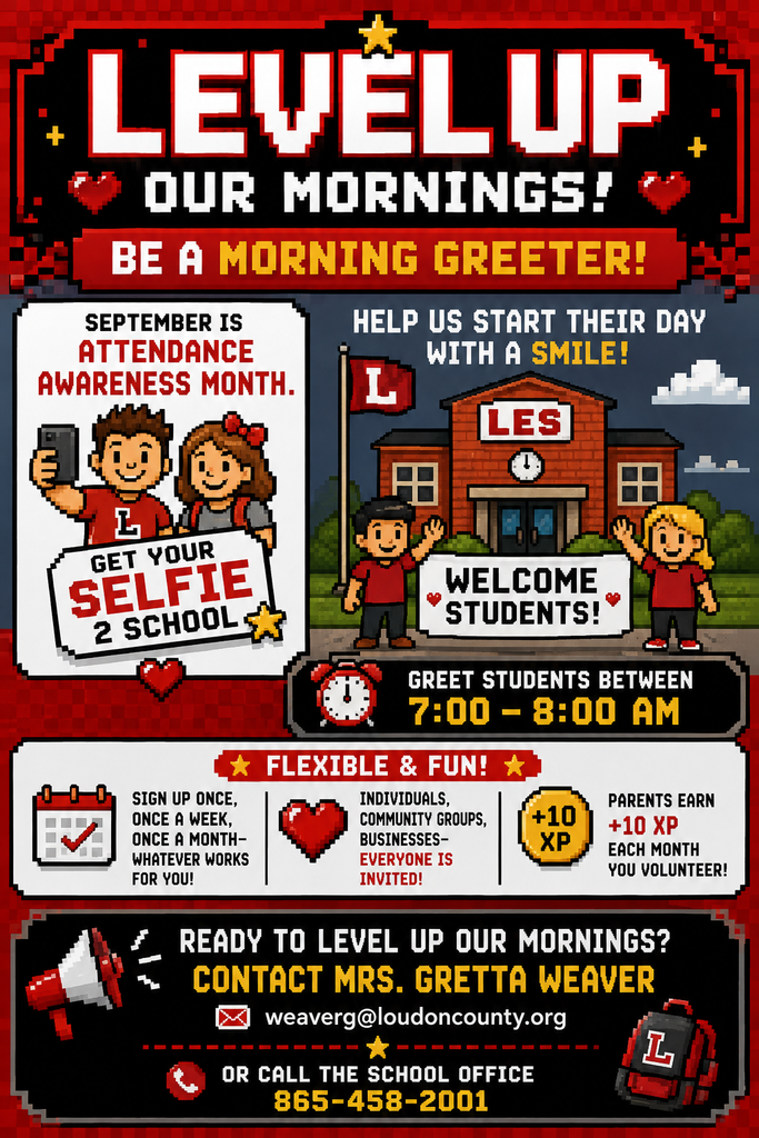 Poster with text, icons, and an illustration of a school. "Level Up Our Mornings!" and "Be a Morning Greeter!" at the top.
