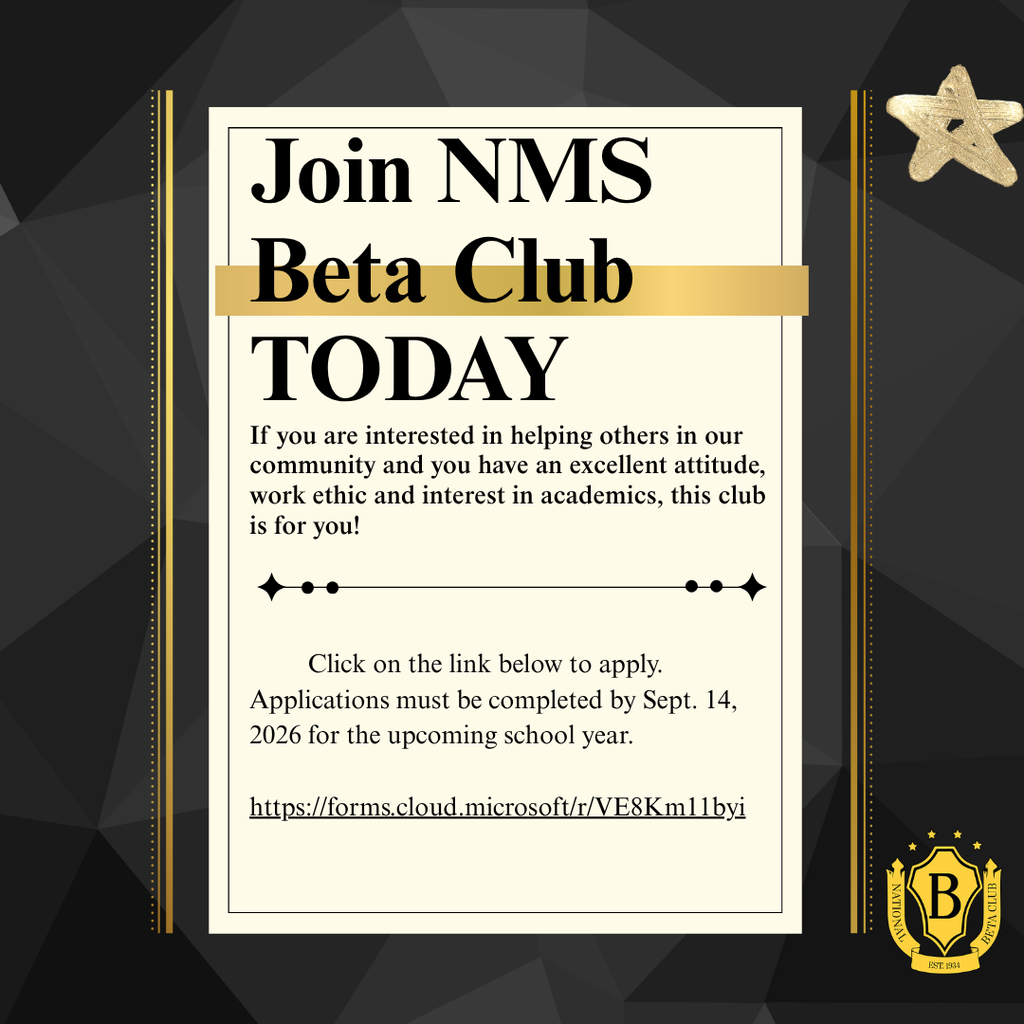 A black and gold-accented invitation to join the Beta Club at NMS. A gold star is at the upper right.