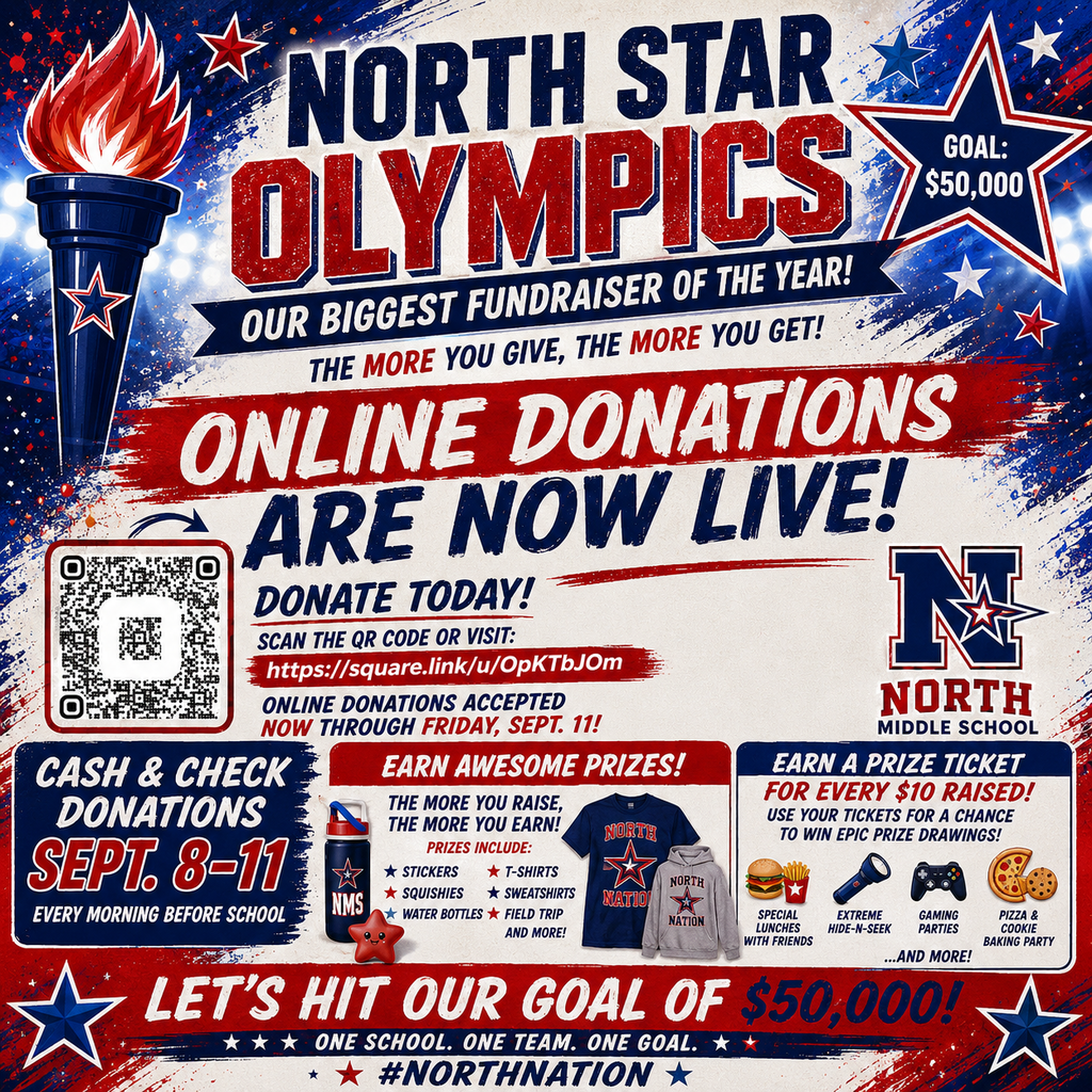 A poster promotes the North Star Olympics fundraiser with a torch, goal of $50,000, and a QR code for online donations.