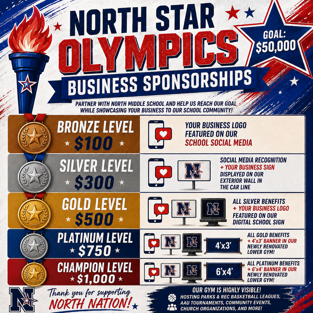 Poster with multiple sponsorship levels from Bronze at $100 to Champion at $1,000. Each level offers different benefits.