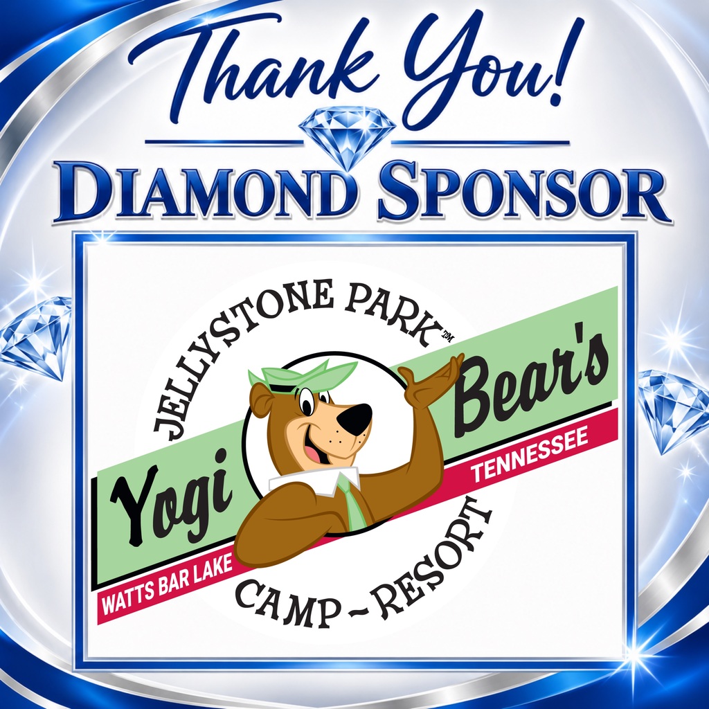 Logo featuring a bear holding a sign with "Thank You! Diamond Sponsor" and "Jellystone Park Bear's Tennessee" on a blue background.