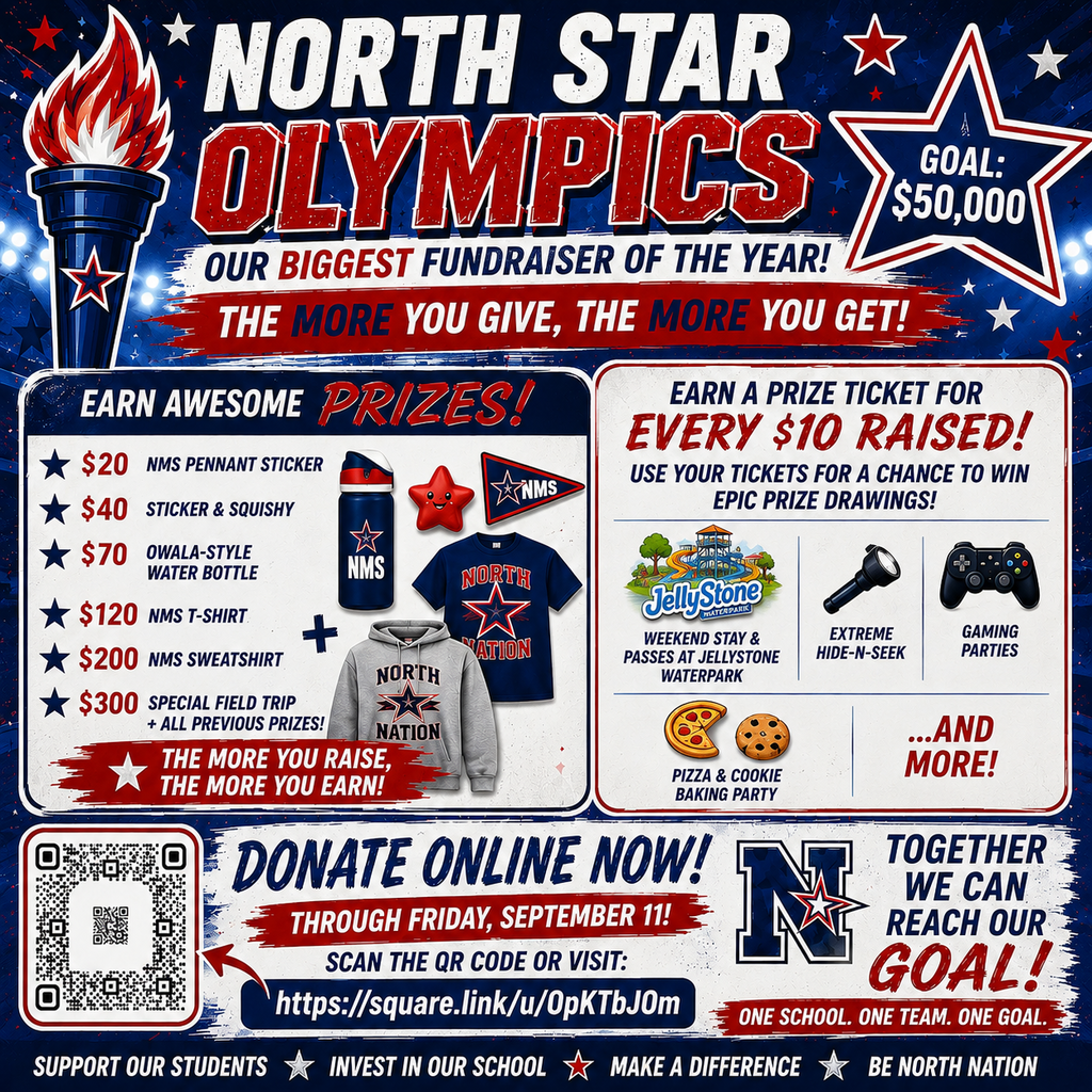 A poster for North Star Olympics, showing a torch and prizes. Prizes include a pendent sticker for $20 and a T-shirt for $40.