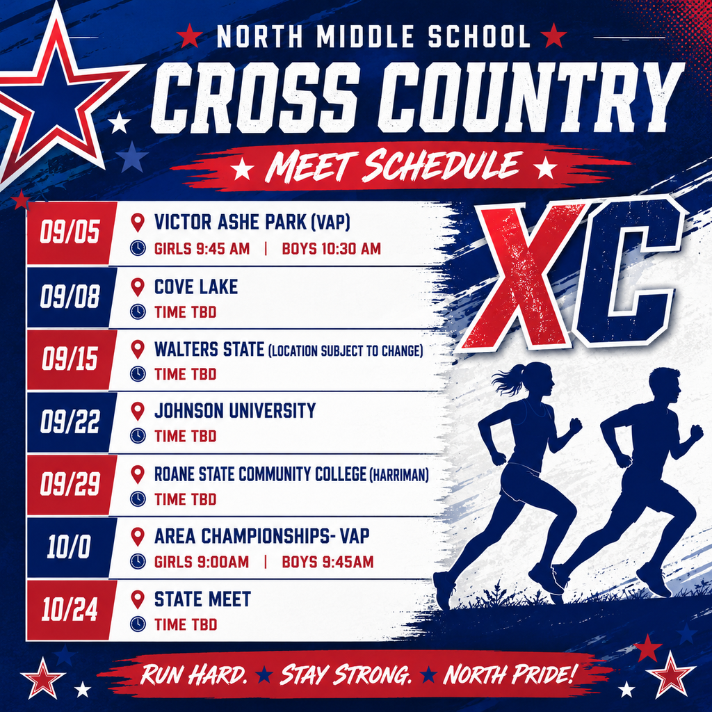 A poster with an American flag design, the words "Cross Country Meet Schedule", and two figures running.