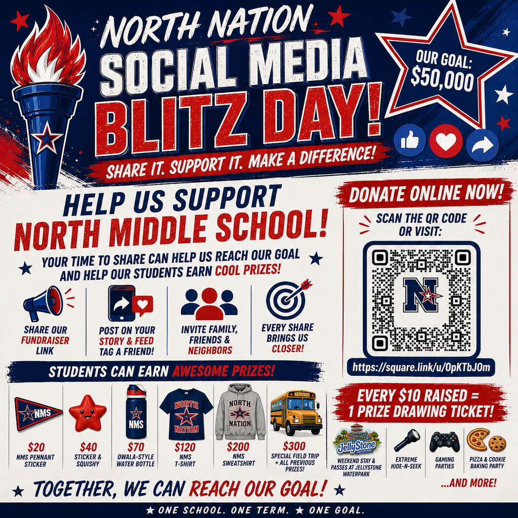 A poster encourages support for North Nation Social Media Blitz Day with text and images. Prizes include a video game console and t-shirts.