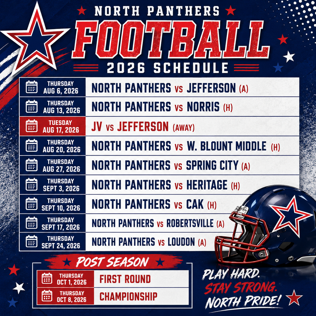Schedule poster for the 2026 North Panthers football season, showing various games with dates and opponents.