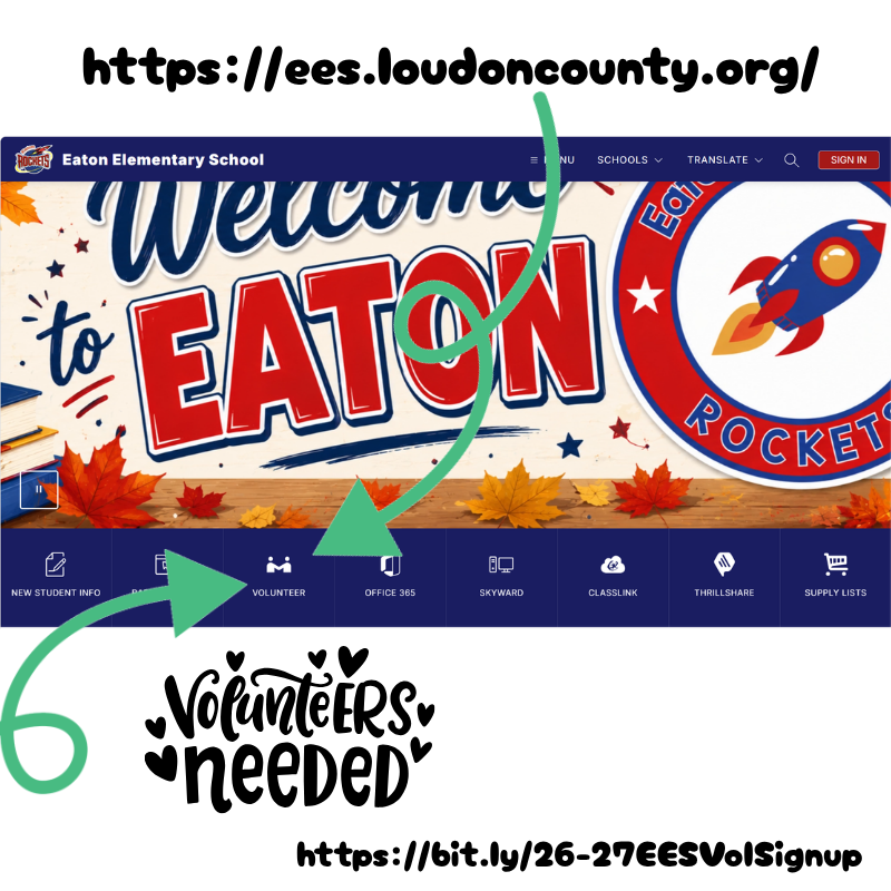 A website banner shows "Welcome to Eaton" in bold red text with an image of a rocket. Below, there is an arrow pointing to "Volunteers needed" with heart graphics.