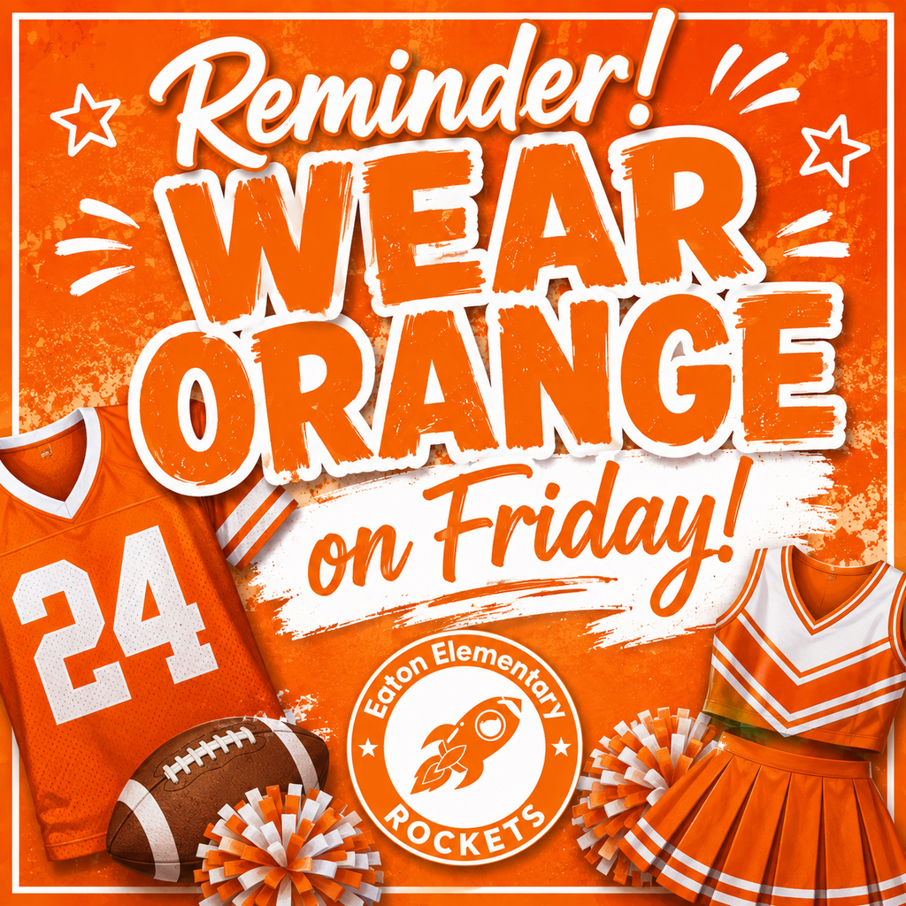 Orange school spirit day reminder with jersey, football, pom-poms, and cheerleading outfit on orange background.